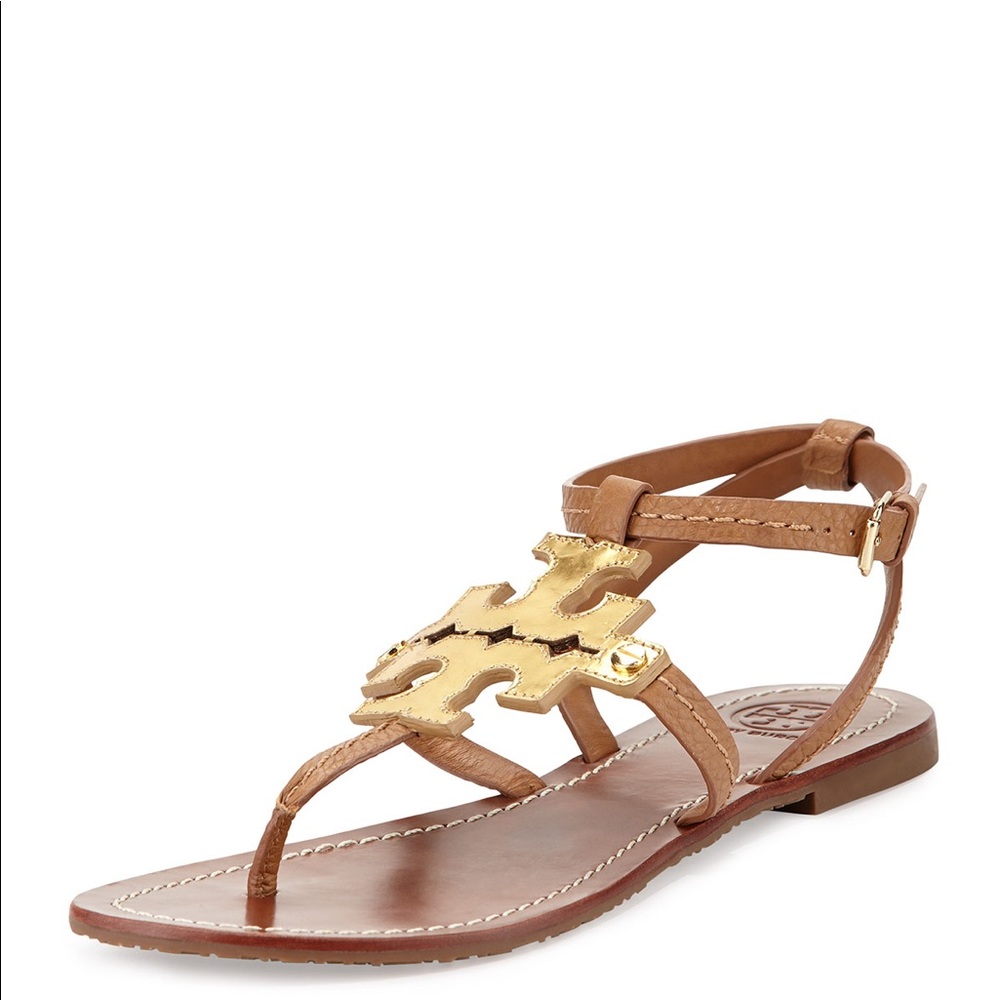 Tory Burch Gold Logo Thong Ankle Strap Flat Sandals Size 9